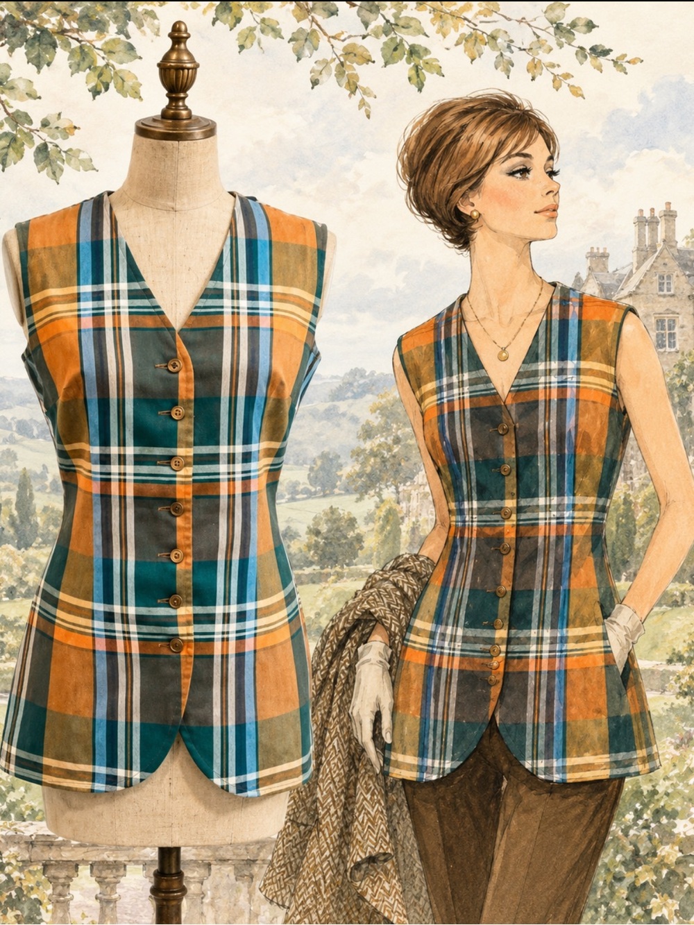 VINTAGE 60s mod tartan plaid bodice vest button front longline tunic preppy MCM‎